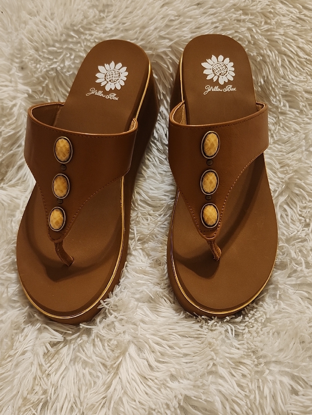 Yellow Box Brown Platform Thong Sandals with Stone Accents